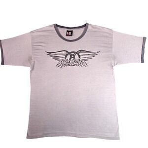 Vintage Aerosmith‎ Ringer T-Shirt Giant Tag Gray Winged Logo Rock Band Tee L